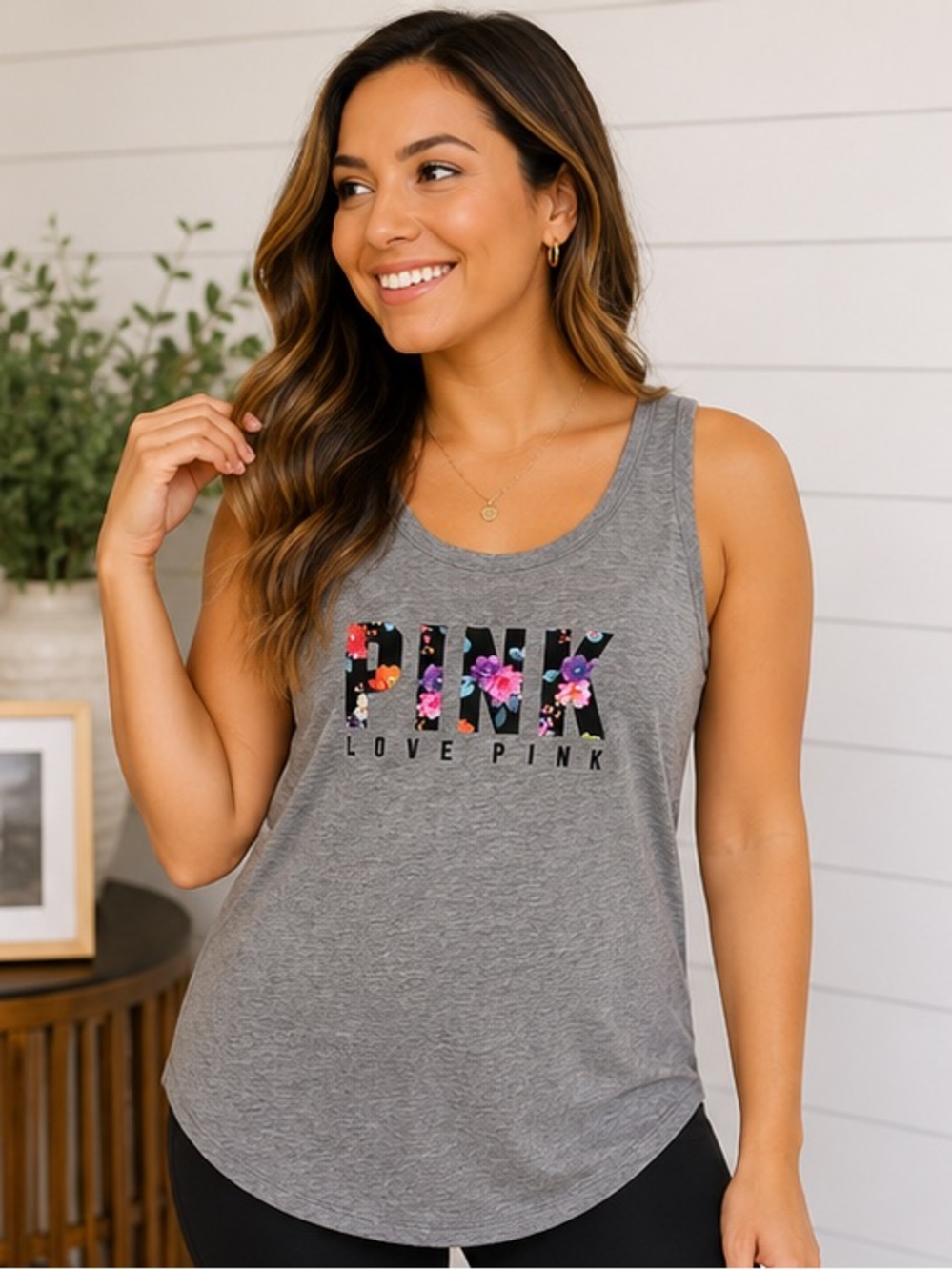 NWT PINK Floral Victoria's Secret Heather Gray Racerback Tank - Woman’s Small